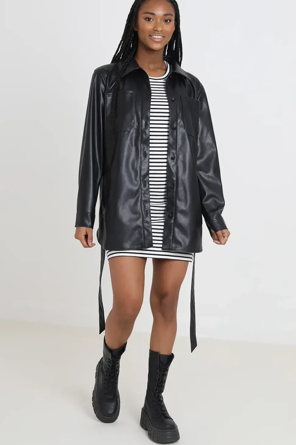 Faux Leather Self Tie Shacket