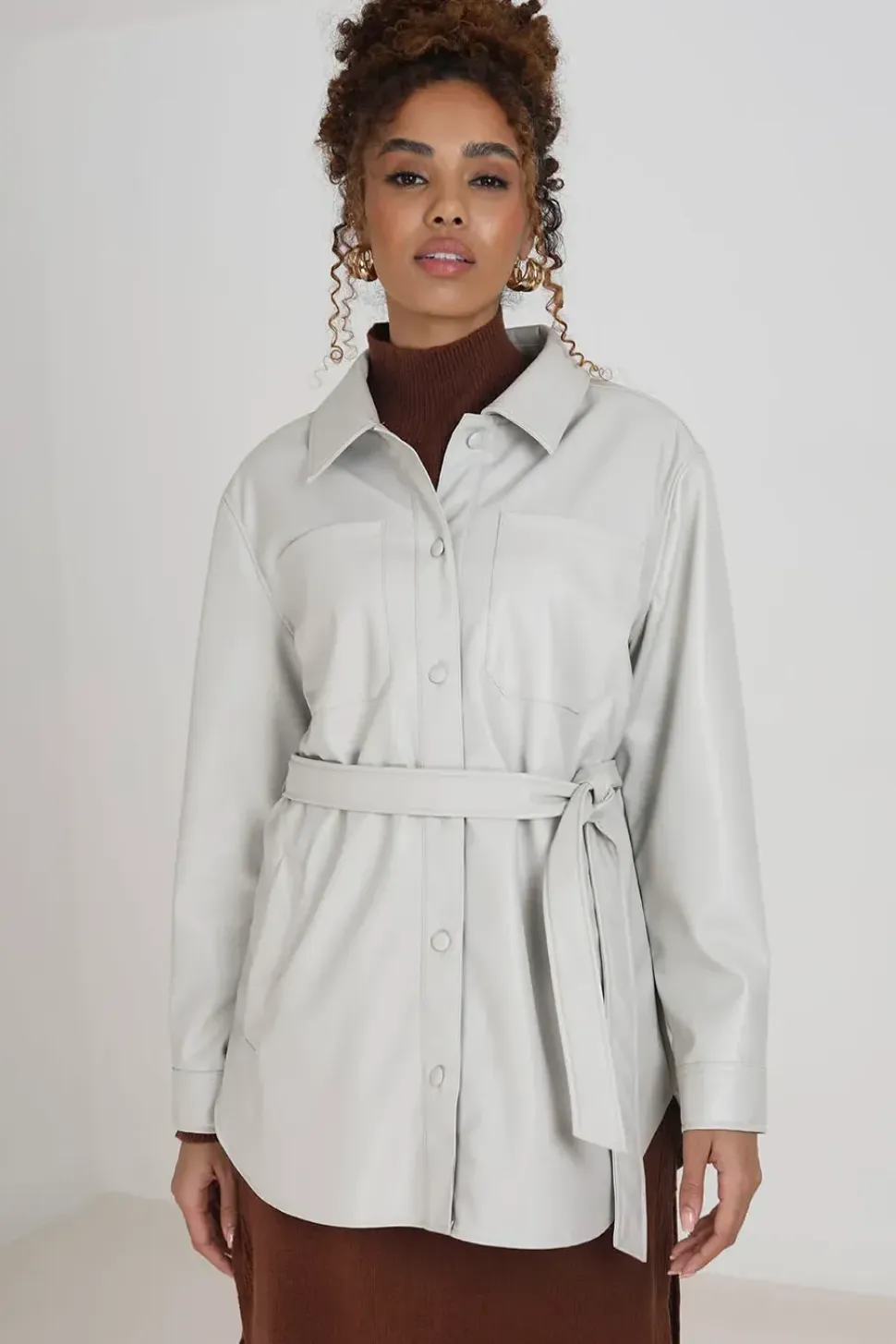 Faux Leather Self Tie Shacket