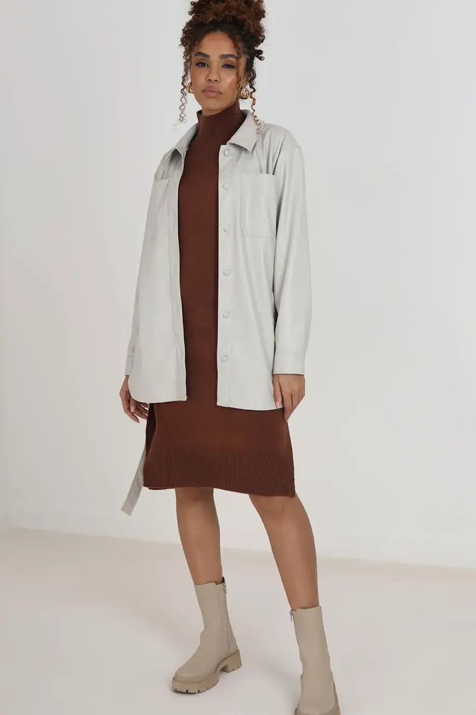 Faux Leather Self Tie Shacket