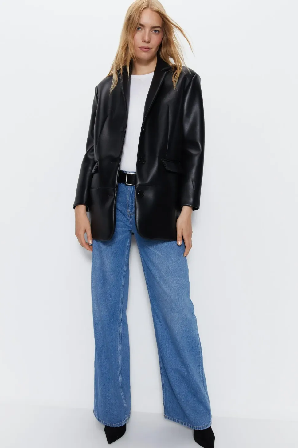 Faux Leather Single Breasted Blazer