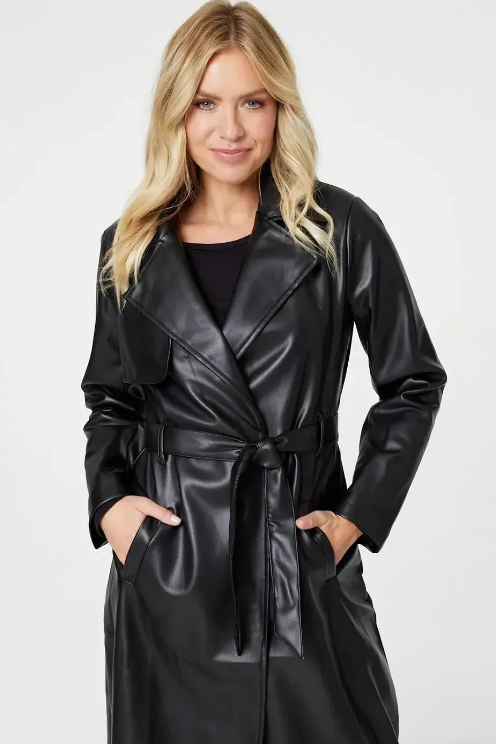 Faux Leather Tie Waist Coat