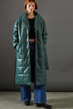 Faux Leather Wrap Belted Padded Coat