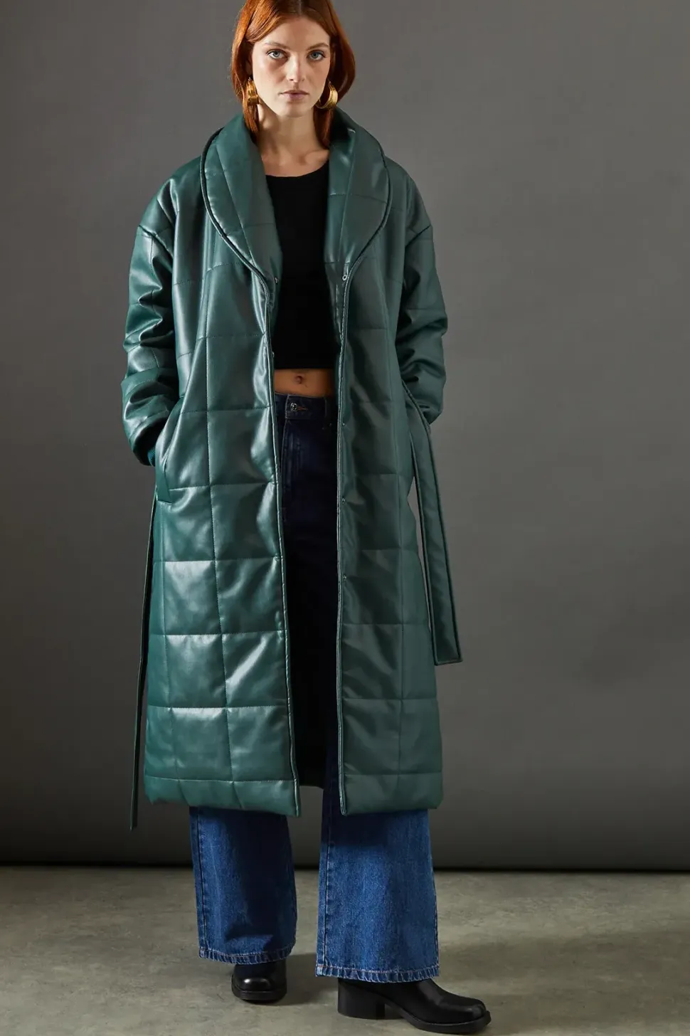 Faux Leather Wrap Belted Padded Coat