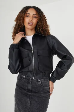 Faux Leather Zip Through Bomber Jacket