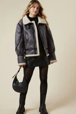 Faux Suede Borg Detail Aviator Jacket