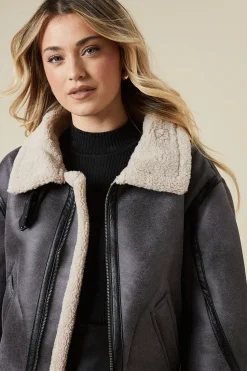 Faux Suede Borg Detail Aviator Jacket