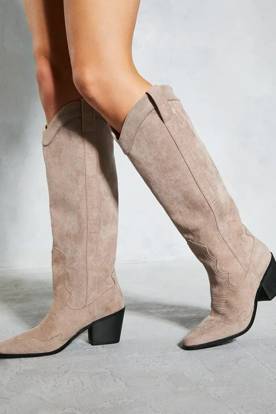 Faux Suede Western Block Heel Boots
