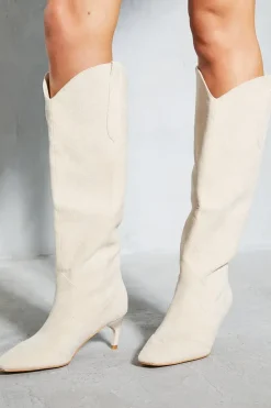 Faux Suede Western Low Heel Boots