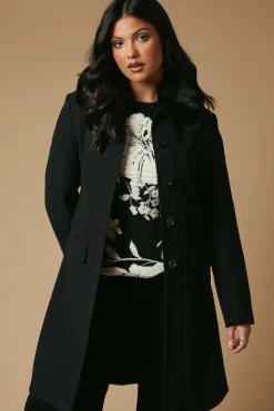 Faux Wool Button Through Dolly Coat With Fur