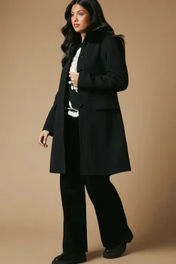 Faux Wool Button Through Dolly Coat With Fur