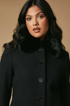 Faux Wool Button Through Dolly Coat With Fur