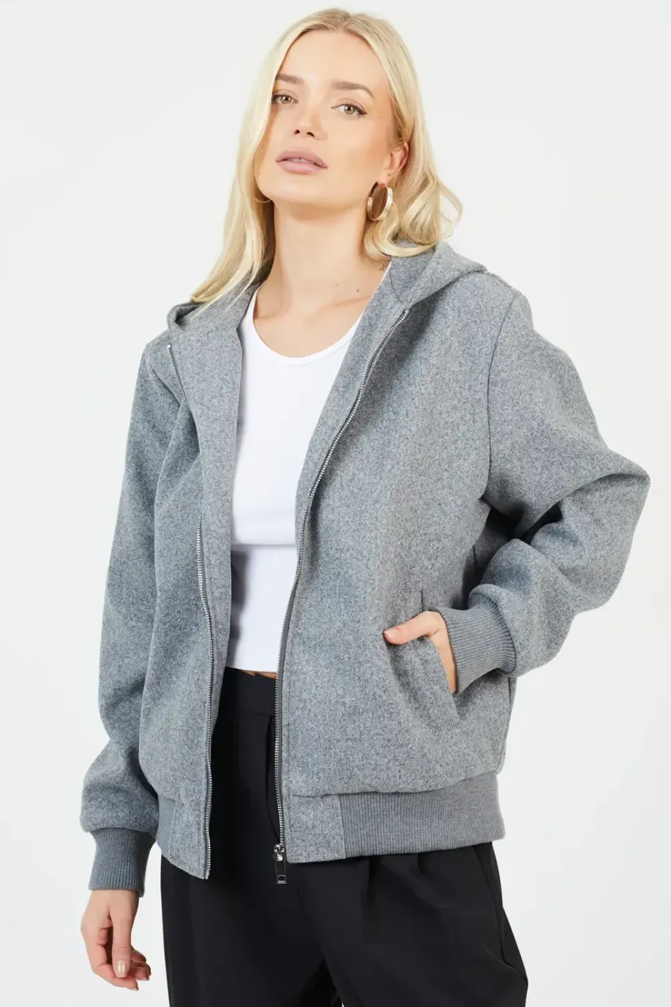 Faux Wool Hooded Bomber Jacket