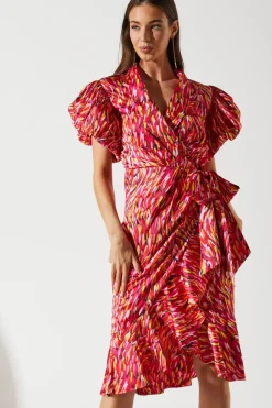 Feather Brushstroke Print Wrap Dress