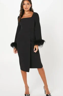 Feather Cuff Long Sleeve Pencil Dress