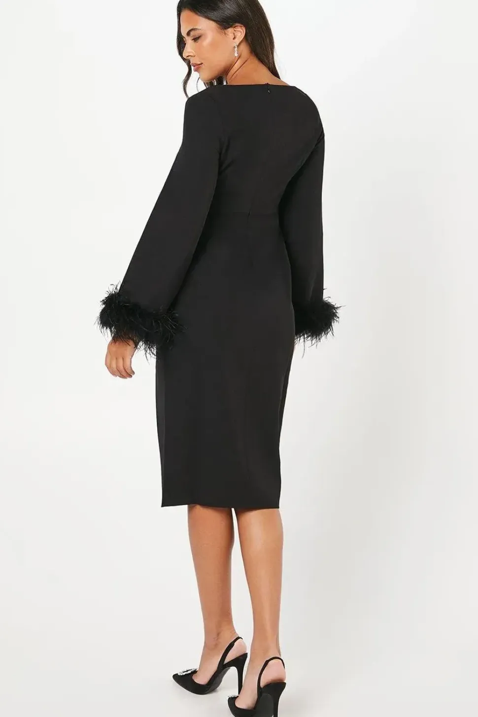 Feather Cuff Long Sleeve Pencil Dress