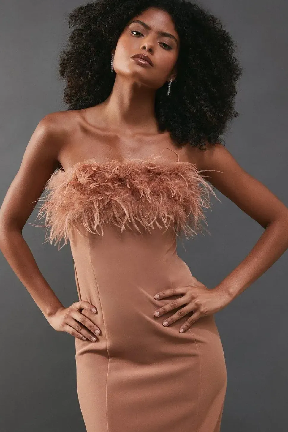 Feather Detail Diamante Strap Bandeau Midi Dress
