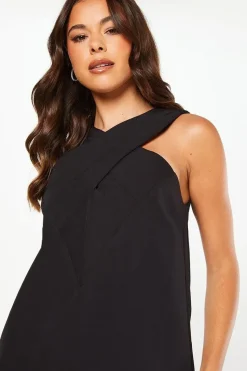 Feather Hem Cross Neck Mini Dress