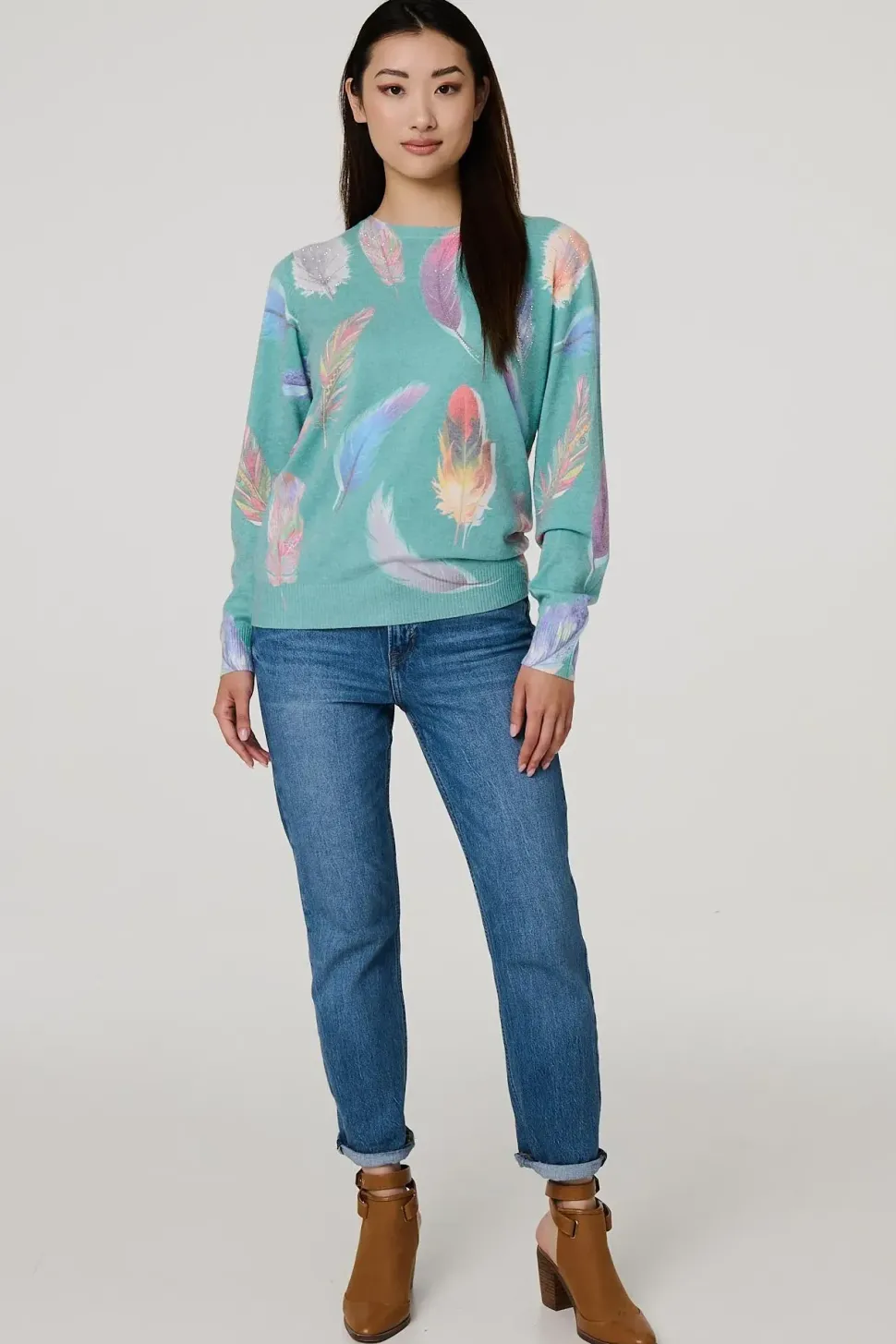 Feather Print Diamante Detail Jumper