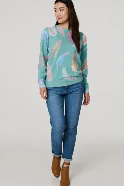 Feather Print Diamante Detail Jumper