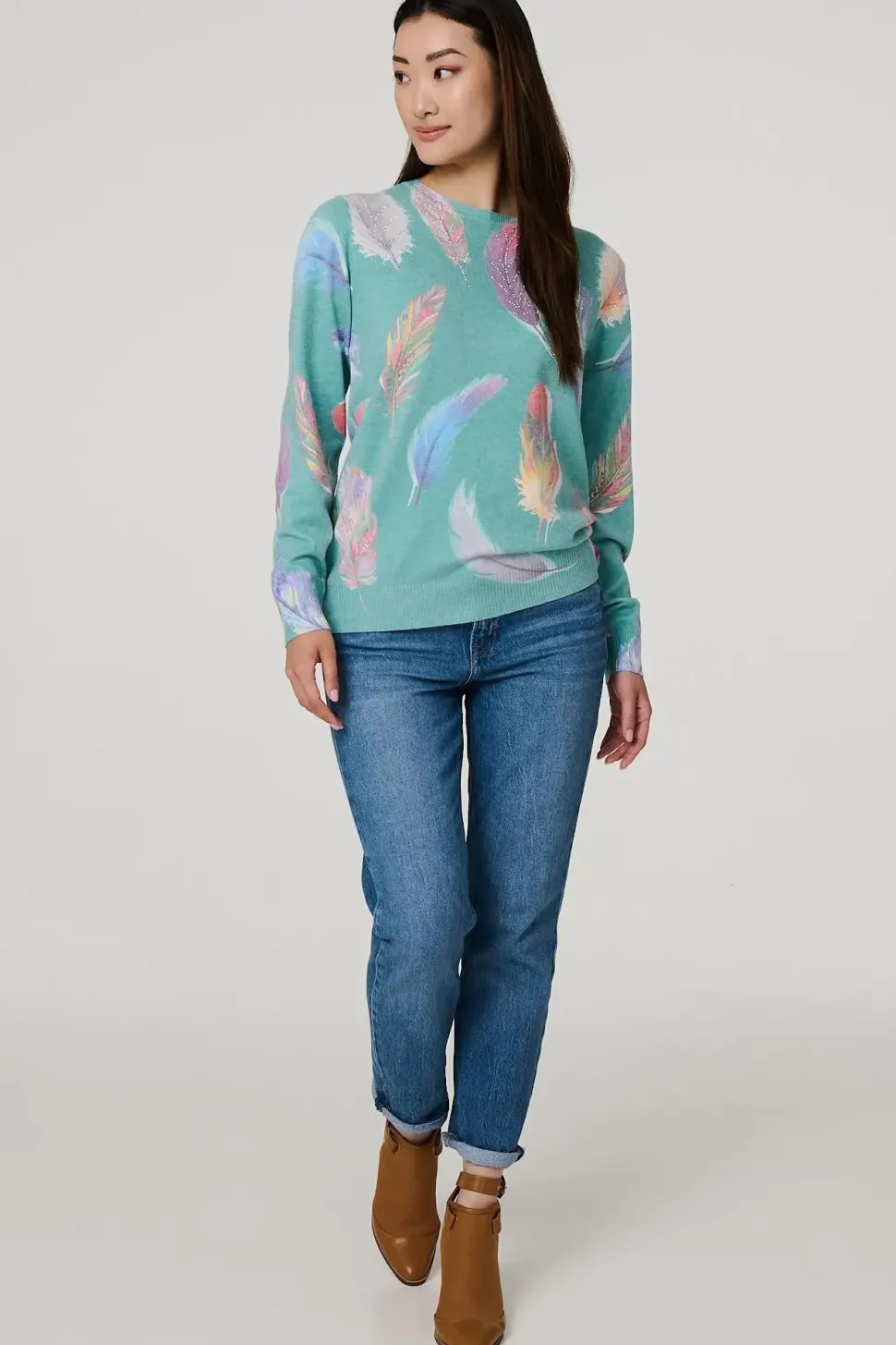 Feather Print Diamante Detail Jumper