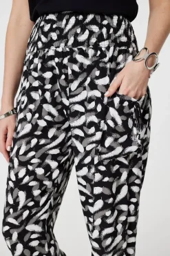 Feather Print Harem Pants with Pockets