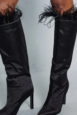 Feather Trim Knee High Heeled Boots