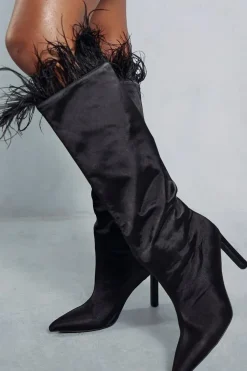 Feather Trim Knee High Heeled Boots