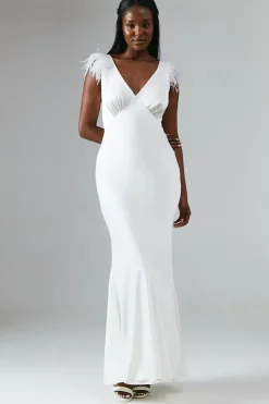 Feather Trim V Neck Satin Wedding Dress
