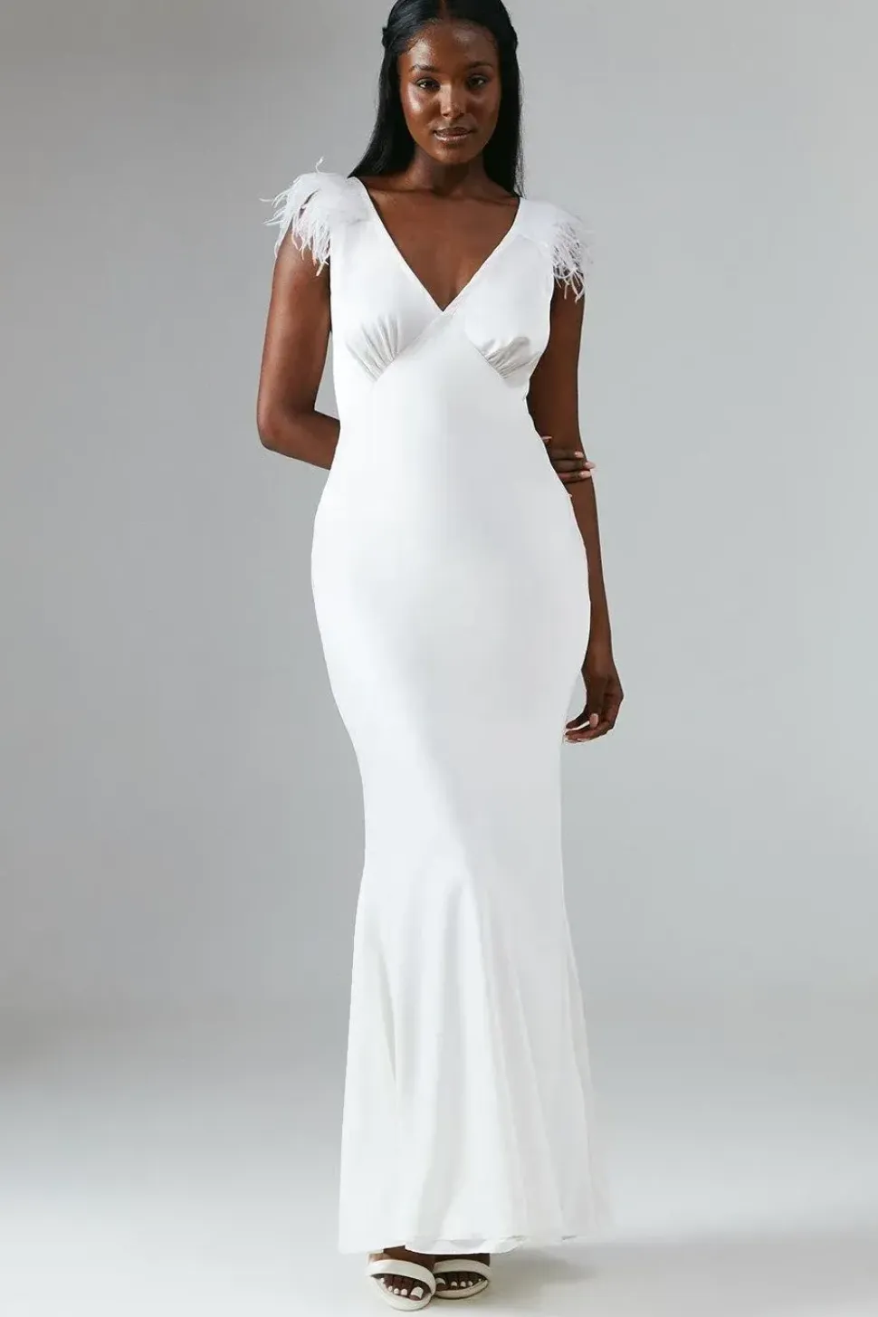 Feather Trim V Neck Satin Wedding Dress