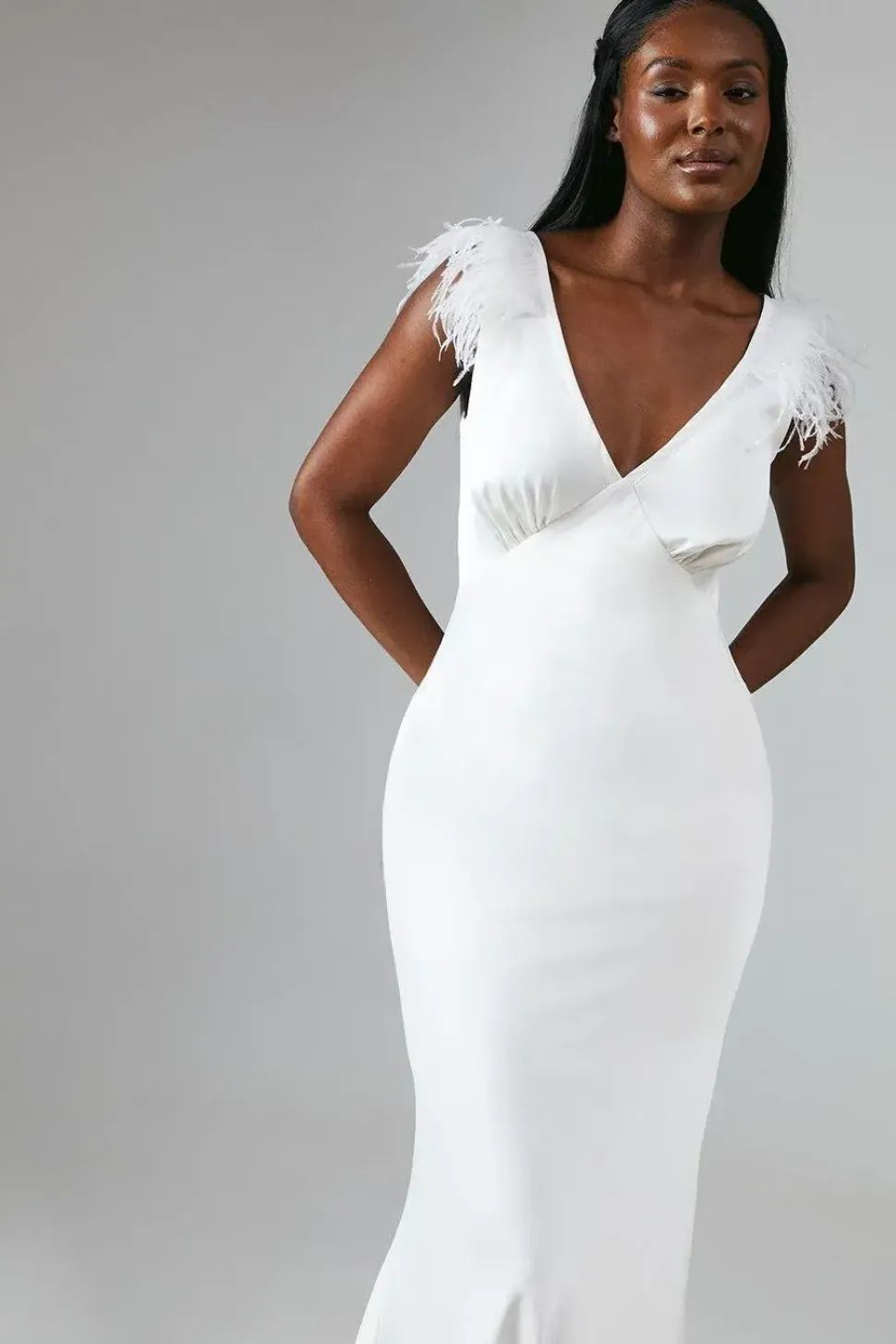 Feather Trim V Neck Satin Wedding Dress