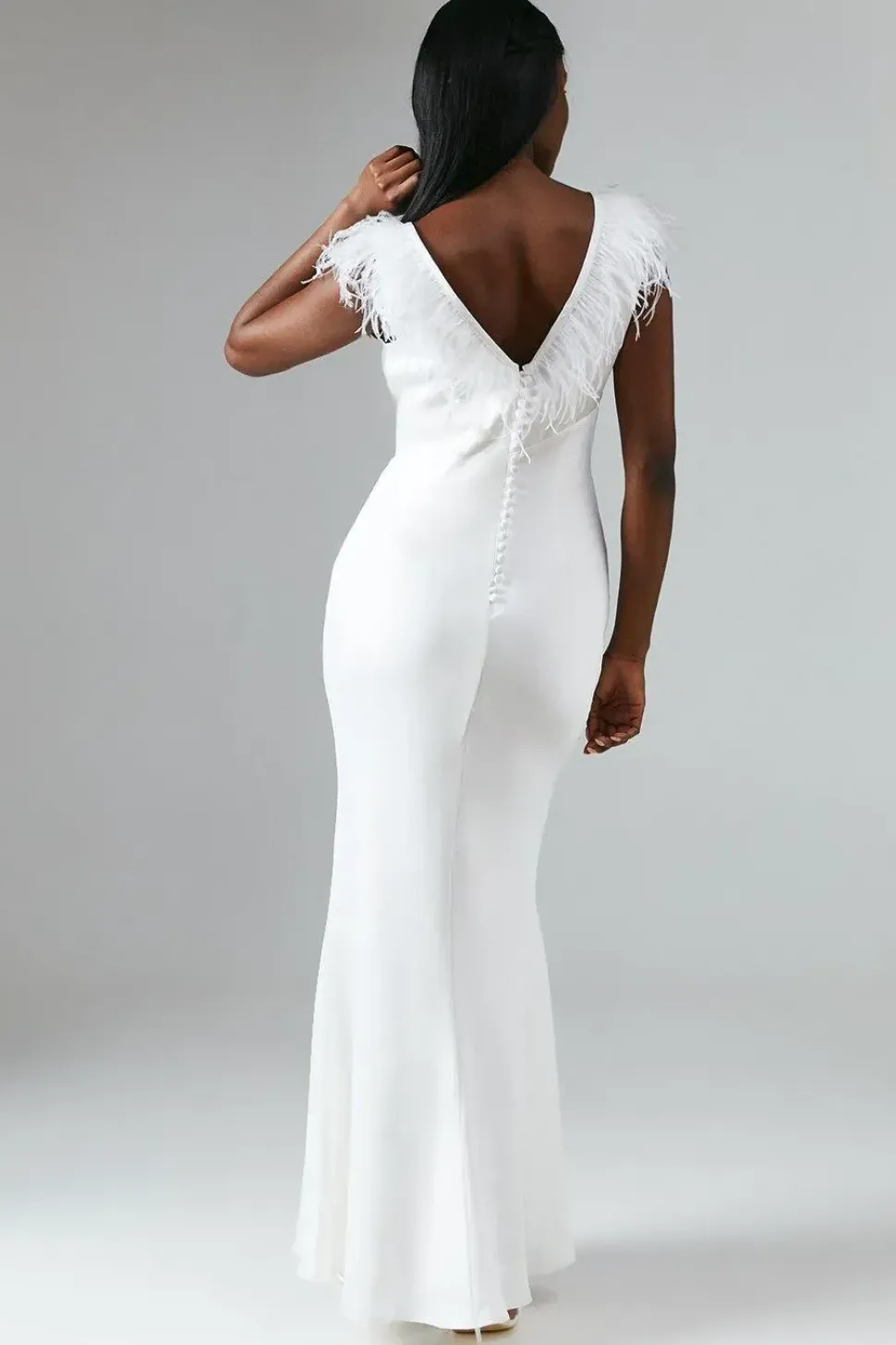 Feather Trim V Neck Satin Wedding Dress