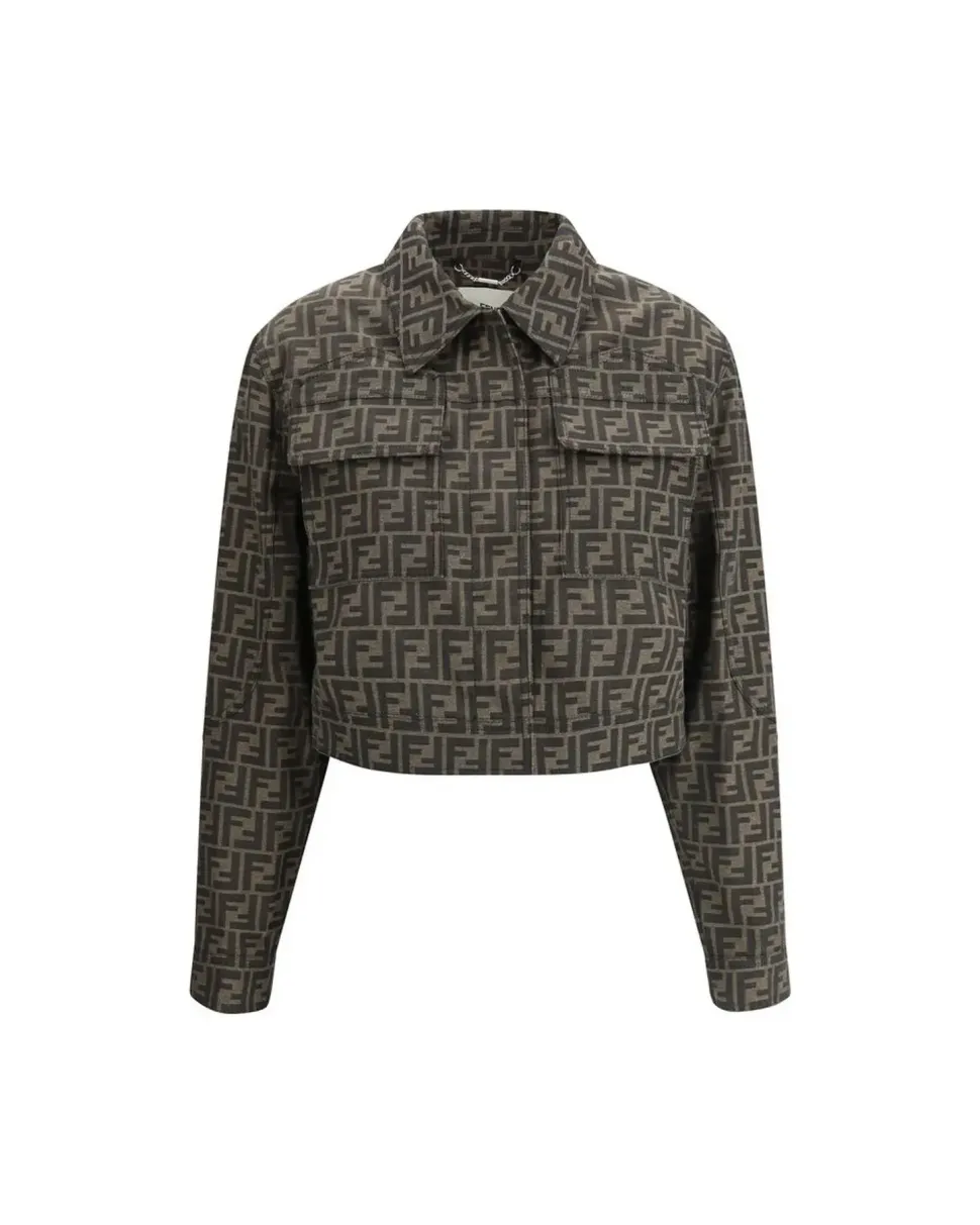 FF Logo Cropped Jacket with Front Snap Closure and Patch Pockets