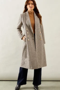 Fitted Double Breasted Check Wool Mix Midi Coat
