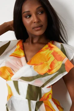 Fixed Wrap Ruffle Sleeve Jacquard Midi Dress