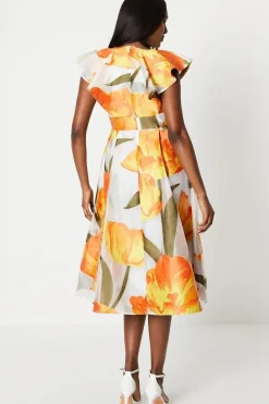 Fixed Wrap Ruffle Sleeve Jacquard Midi Dress