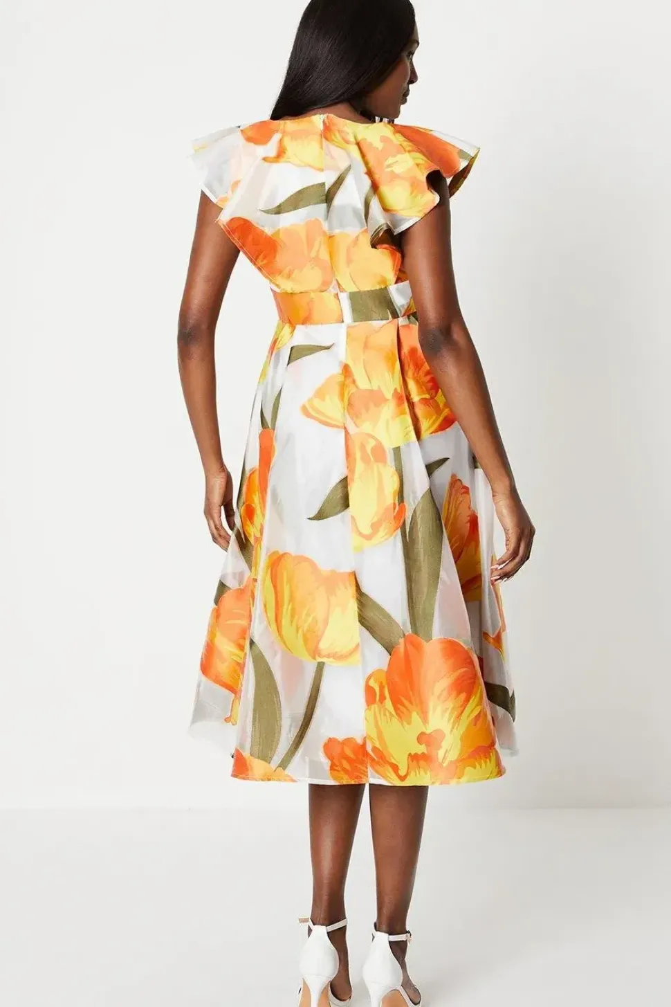 Fixed Wrap Ruffle Sleeve Jacquard Midi Dress