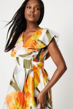 Fixed Wrap Ruffle Sleeve Jacquard Midi Dress