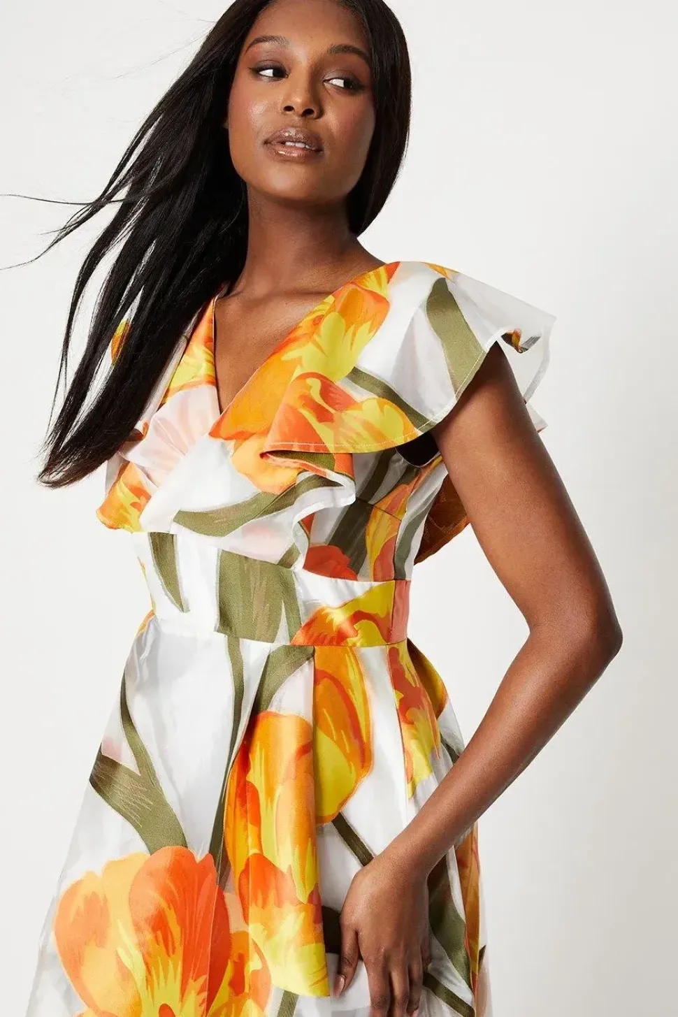 Fixed Wrap Ruffle Sleeve Jacquard Midi Dress
