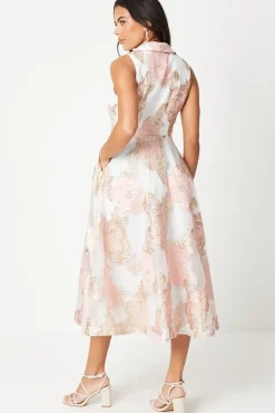 Fixed Wrap Waistcoat Jacquard Midi Dress