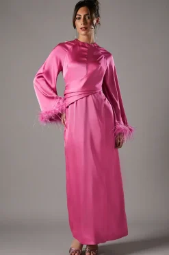 Flare Sleeve Feather Trim Gown