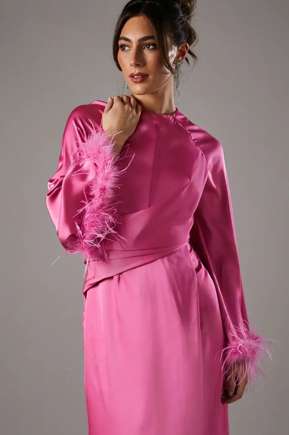 Flare Sleeve Feather Trim Gown
