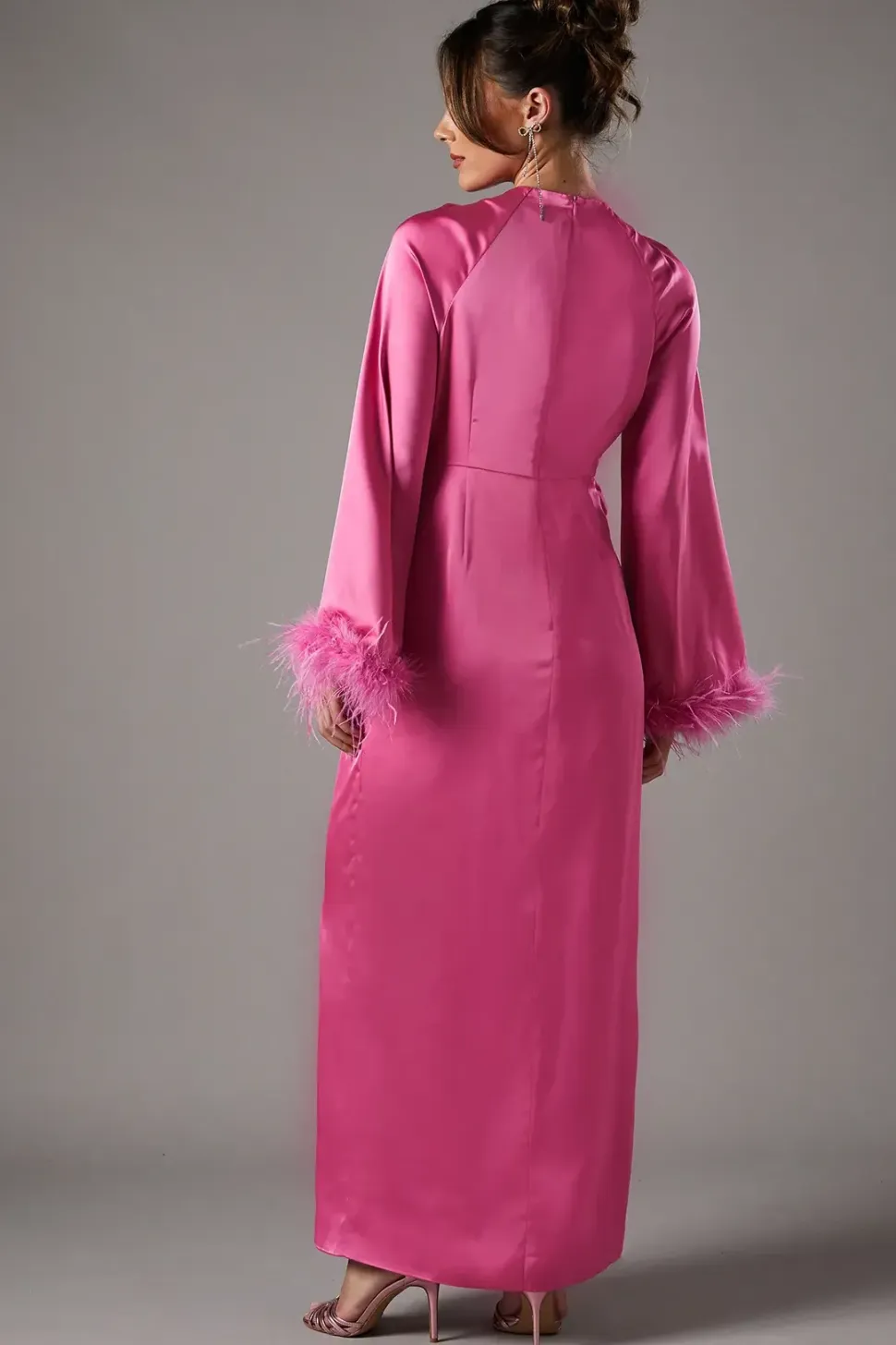 Flare Sleeve Feather Trim Gown