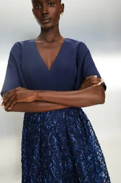 Flare Sleeve V Neck Embroidered Skirt Midi Dr