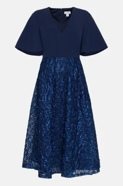 Flare Sleeve V Neck Embroidered Skirt Midi Dr