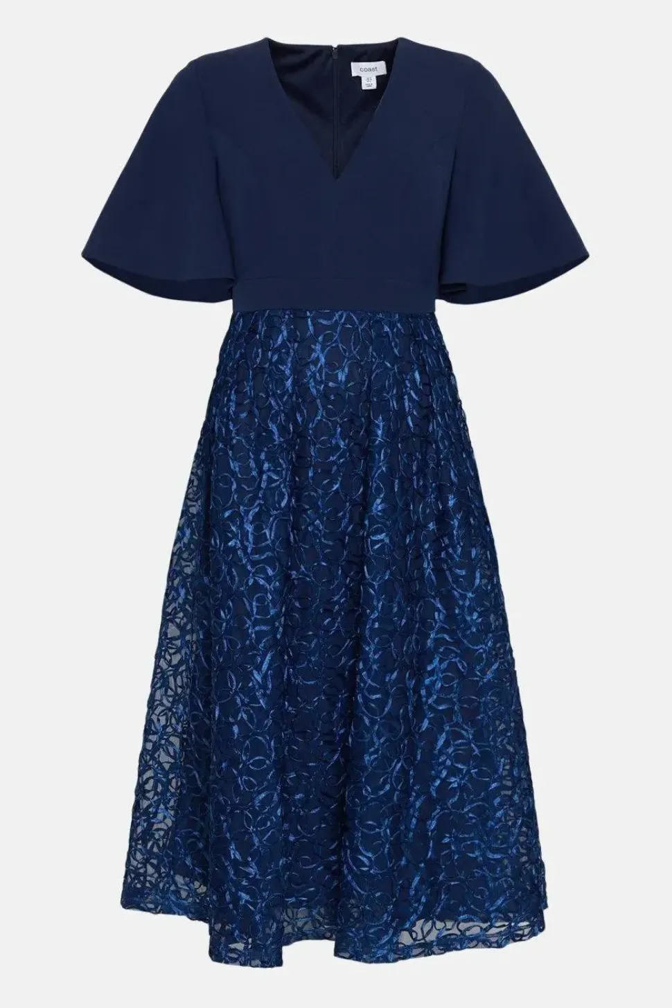 Flare Sleeve V Neck Embroidered Skirt Midi Dr