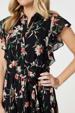 Floral Angel Sleeve Shirt Dress