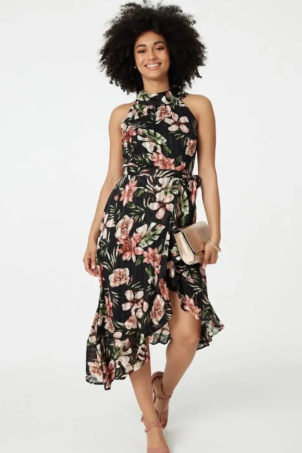 Floral Asymmetric Halter Neck Midi Dress