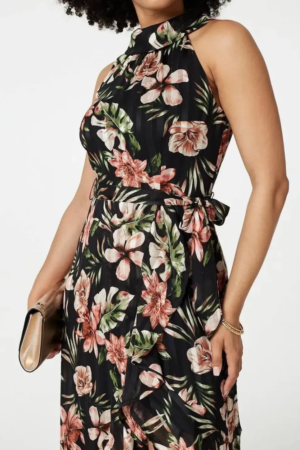 Floral Asymmetric Halter Neck Midi Dress