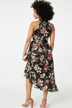 Floral Asymmetric Halter Neck Midi Dress