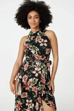 Floral Asymmetric Halter Neck Midi Dress